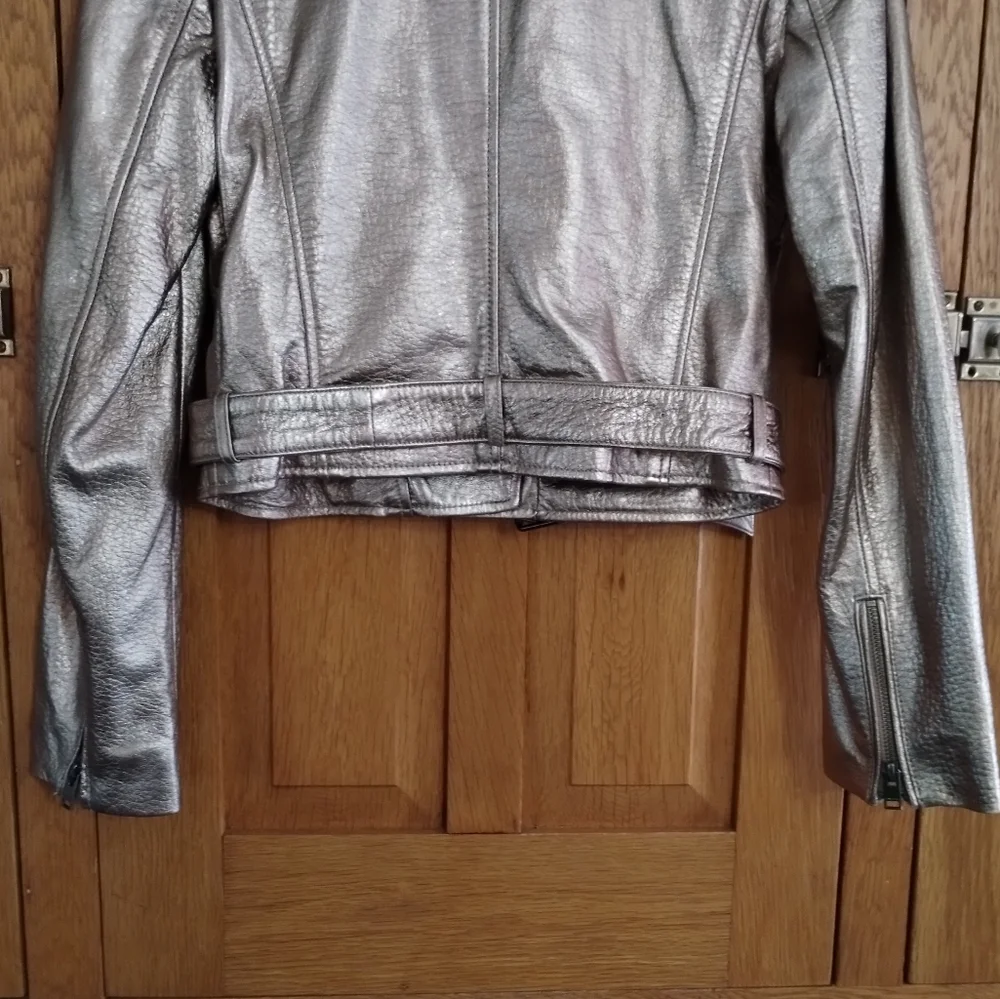 NWT Lamarque Roberto metallic gold leather belted moto jacket - Picture 9 of 15